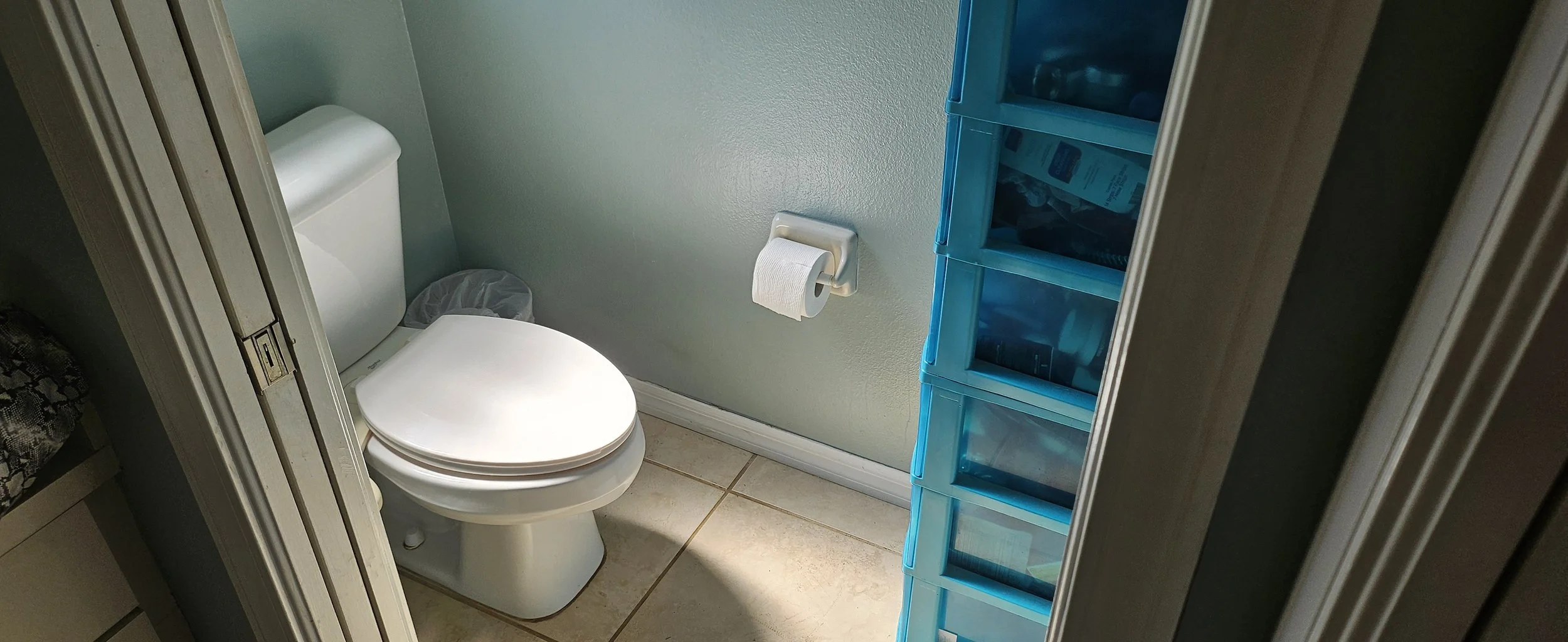 View of a small bathroom with a white toilet, a roll of toilet paper on a holder, and a blue plastic storage unit with multiple drawers on the right side. The bathroom has light green walls and beige floor tiles.