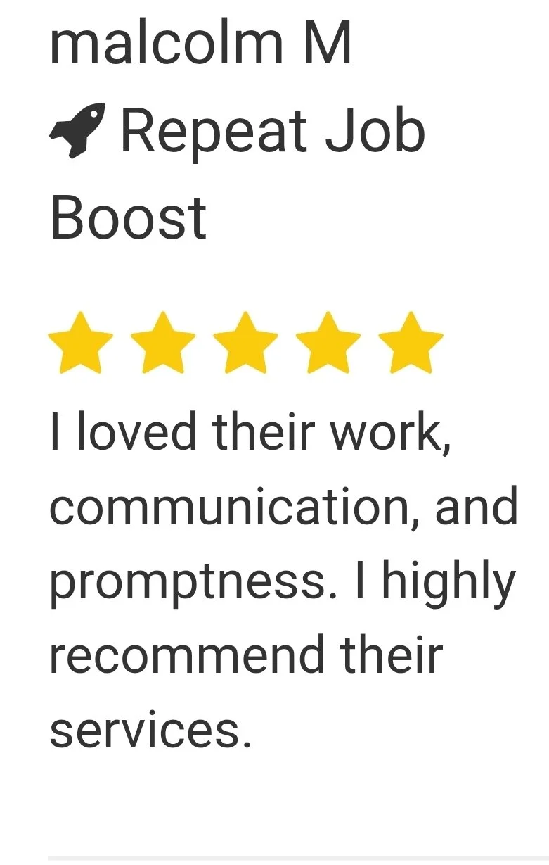 Customer review with five yellow stars and a positive testimonial about their experience with the service.