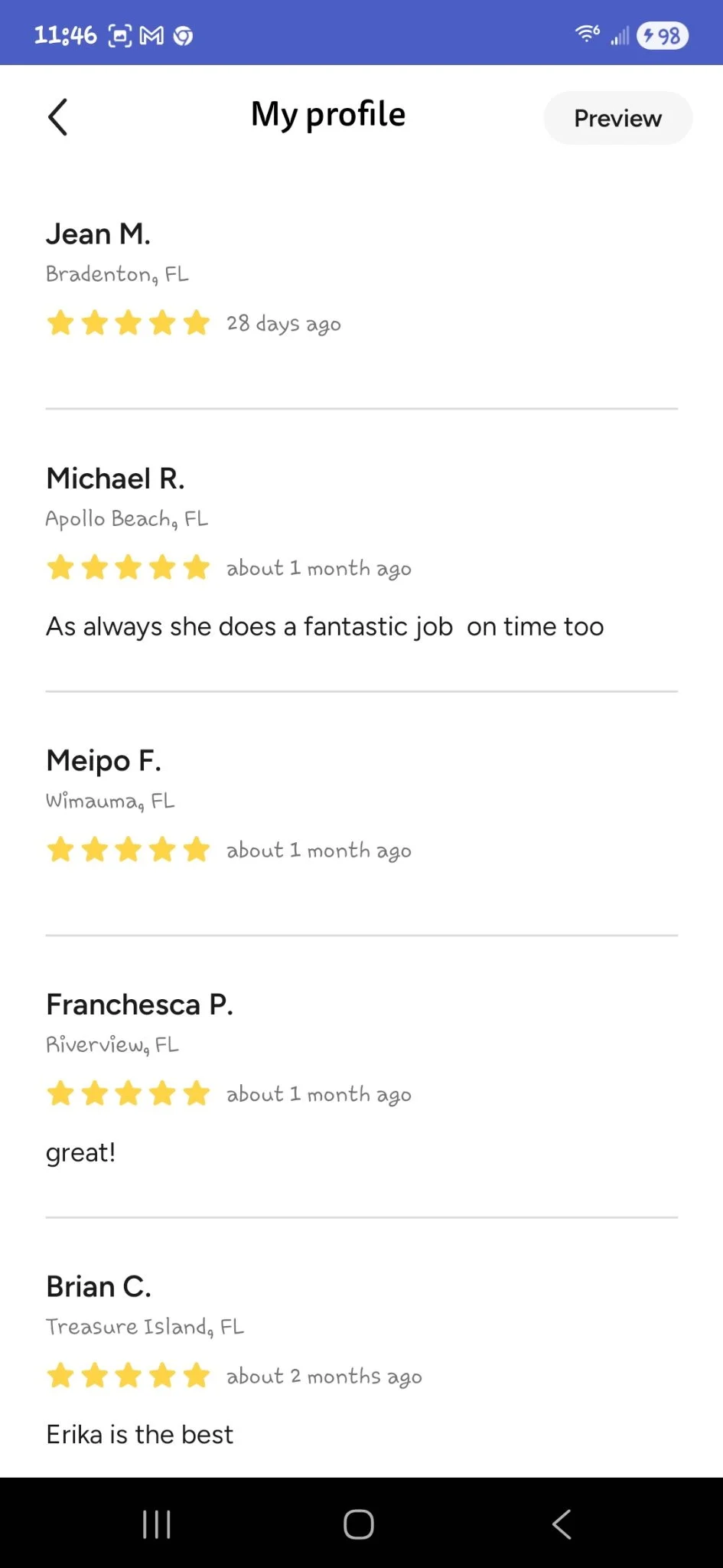 Screenshot of a mobile app showing customer reviews for a service or product. The reviews include names, locations in Florida, star ratings, dates, and brief comments.