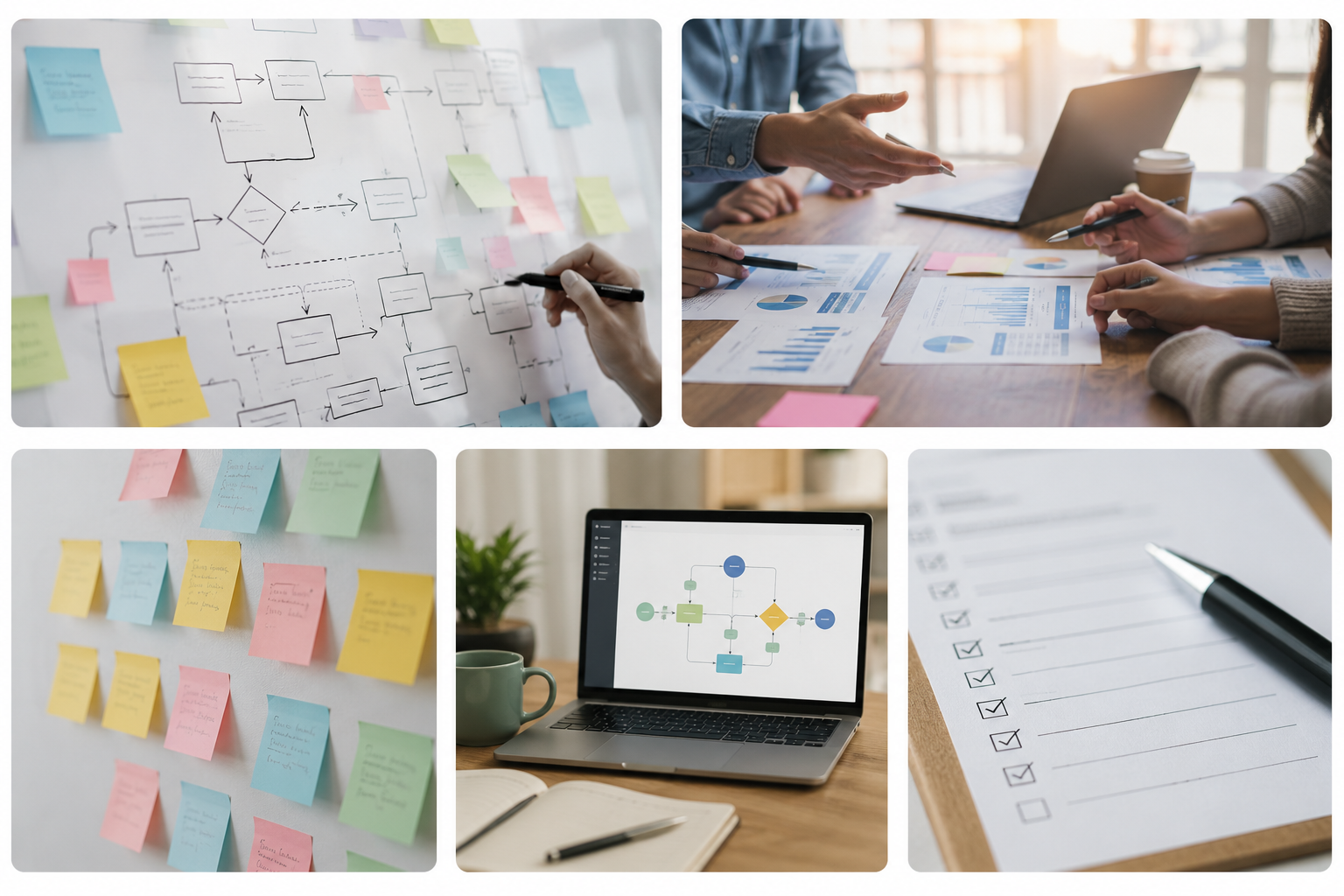 Collage of photos showing business planning and analysis, including flowcharts on whiteboards, team discussing charts, colorful sticky notes on a whiteboard, a laptop with a flowchart, and a to-do list.