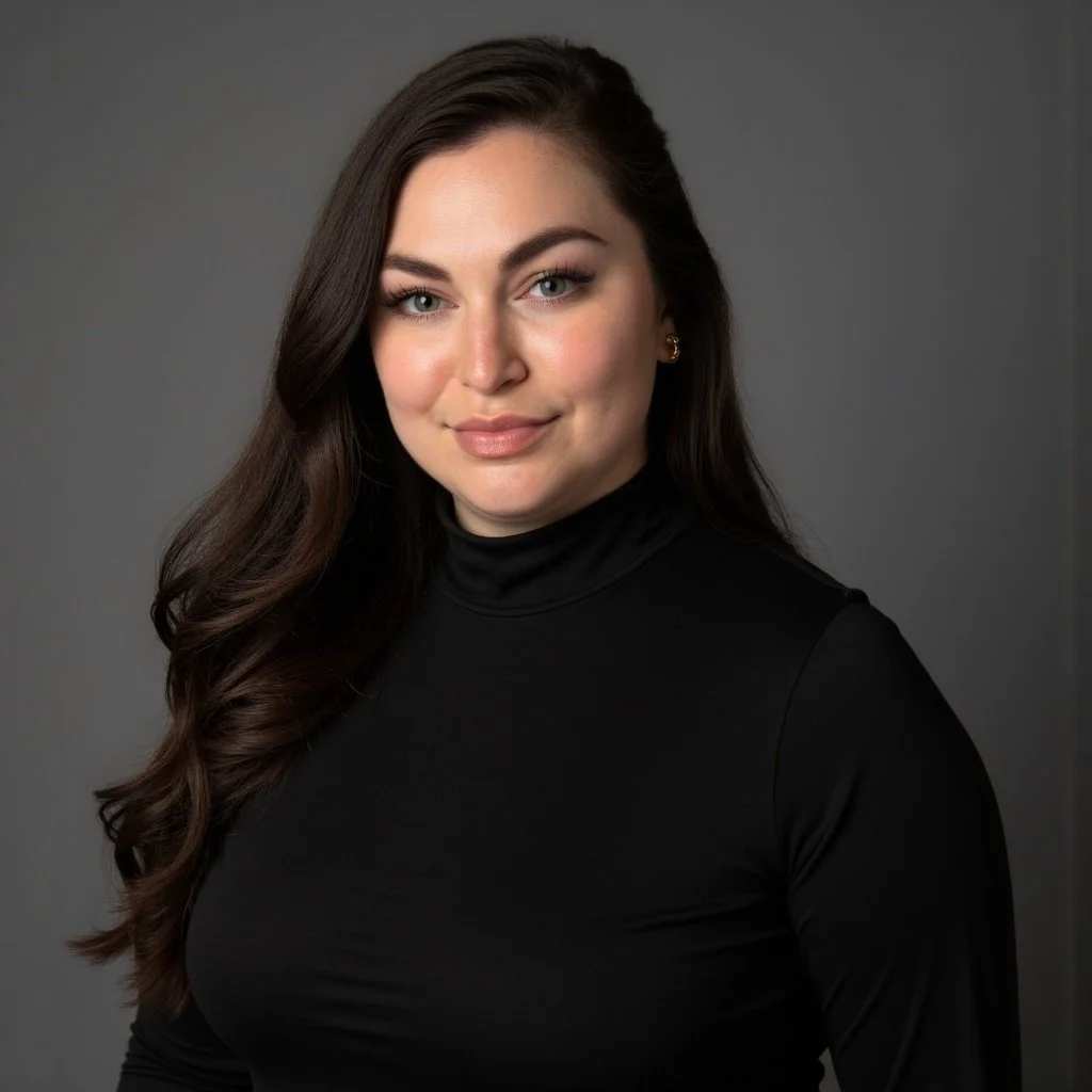 A young woman with long, dark brown hair, wearing a black turtleneck, smiling slightly with a neutral gray background.