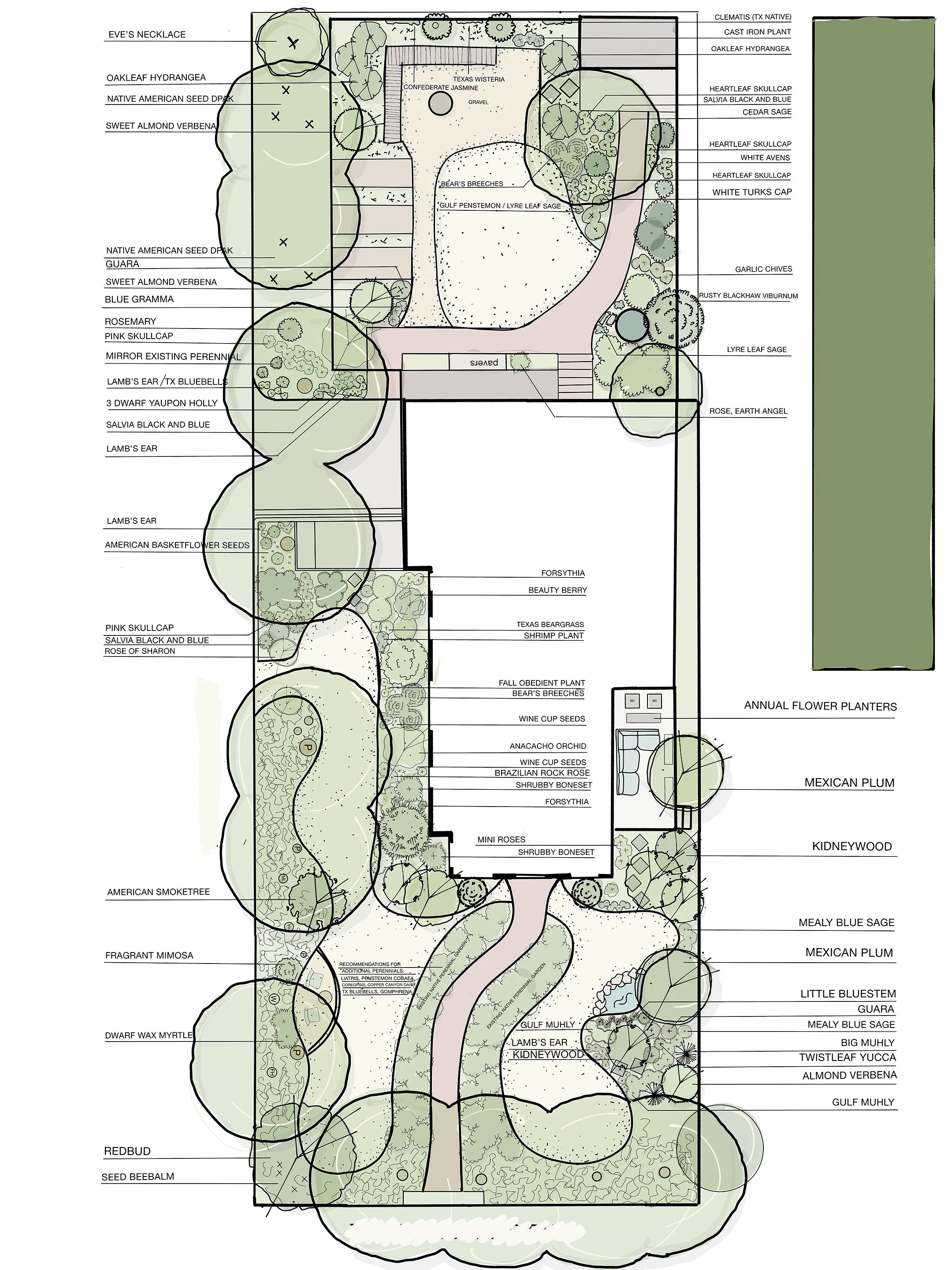 Thoughtful plant additions and new zones to add to a nearly-native cottage garden surrounding a historic house in Central Austin. This design is an example of adding to a space with the intention to enhance the good in the garden rather than scalping