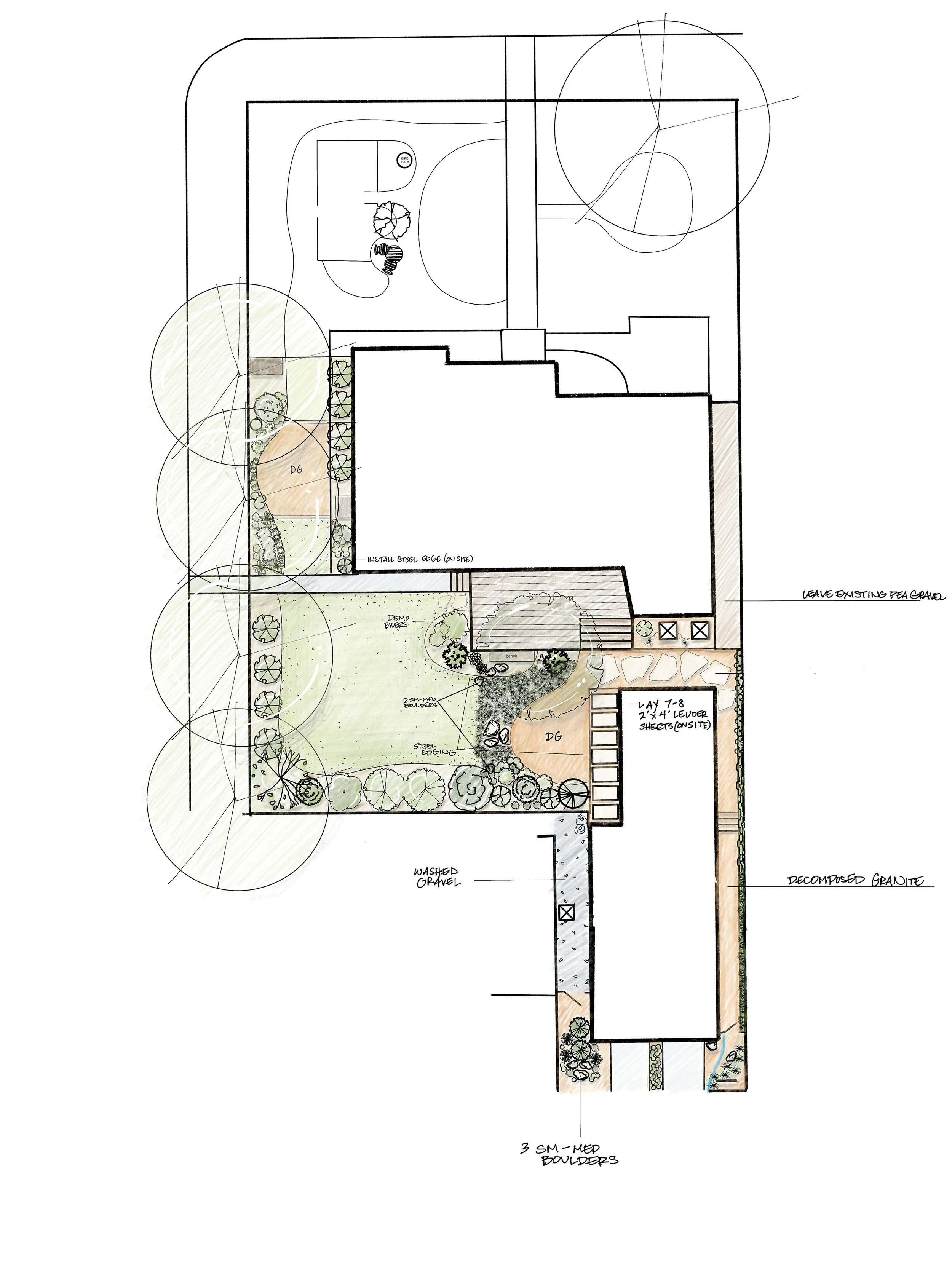 Thoughtful additions for leisure and gathering spaces were added in two spots of this garden. Newly edged native beds, green mulch, stone walkways, and steel beds were added. In addition, a full drainage plan was created for a new build ADU that was 