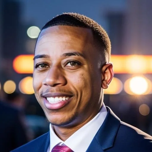 A young man with short hair, smiling, wearing a dark suit, white shirt, and pink tie, with city lights blurred in the background.