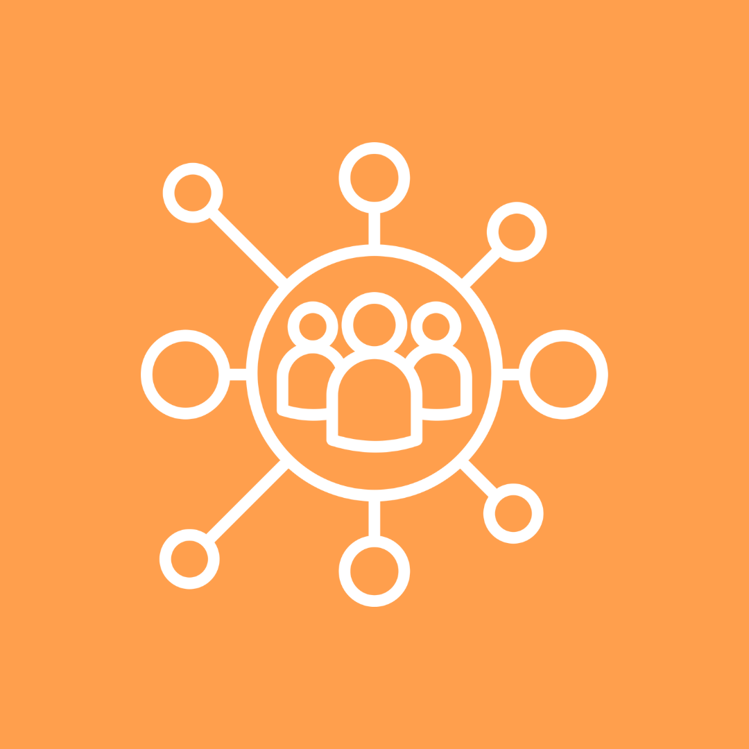 Icon of a group of people connected by lines to a central circle, representing teamwork or networking, on an orange background.