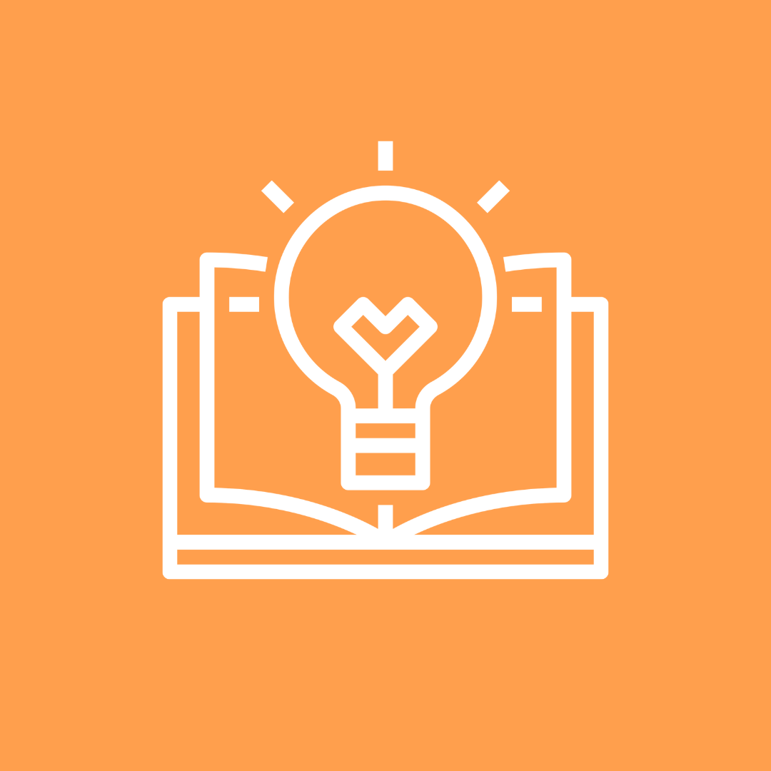 An orange background with a white outline of an open book and a light bulb with a heart shape inside it, symbolizing ideas and knowledge.