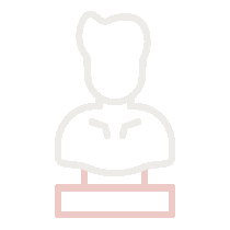 Outline drawing of a person with arms crossed, standing behind a desk.