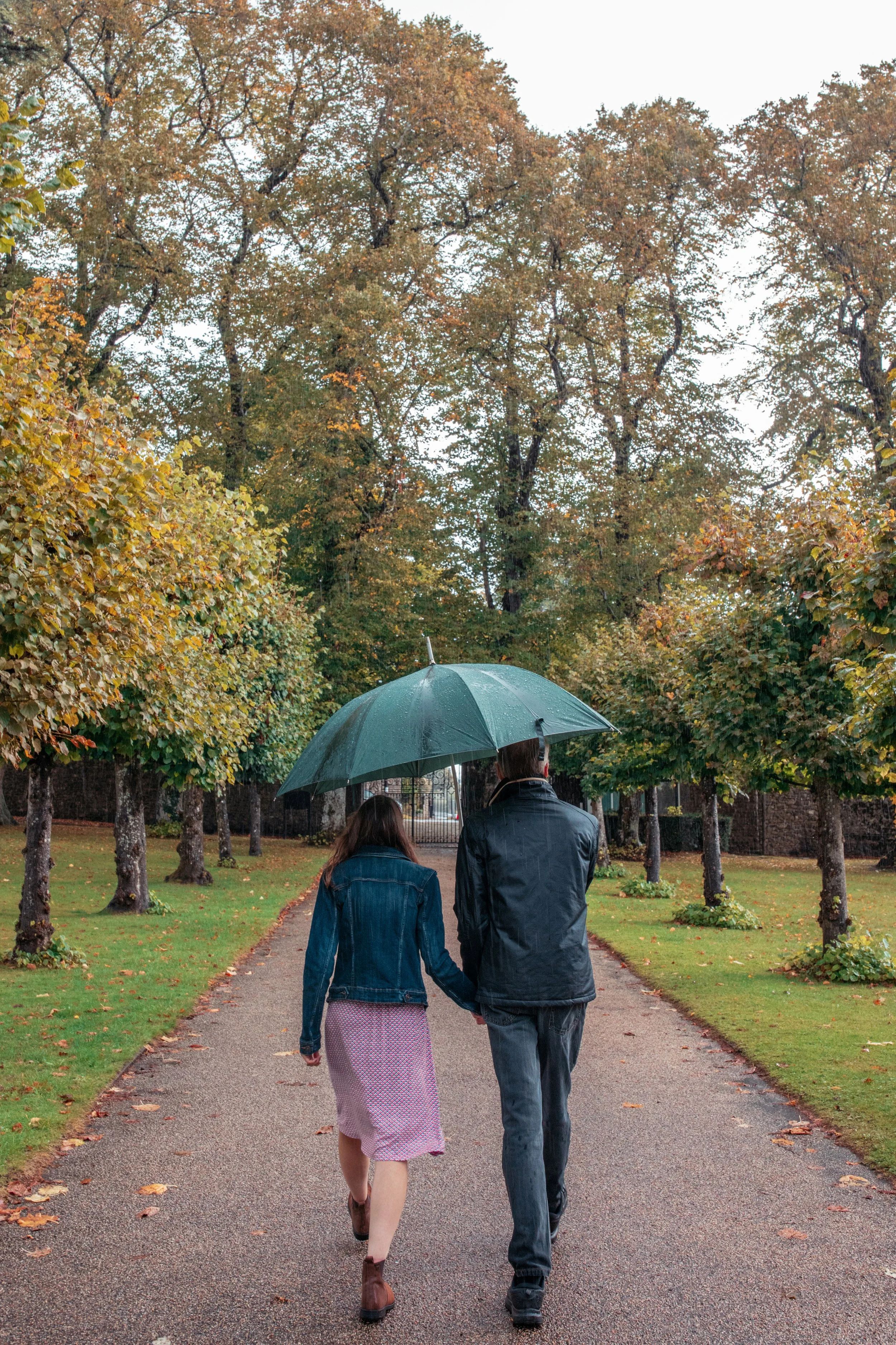 A couple walking hand in hand holding an umbrella in a park on a rainy autumn day.