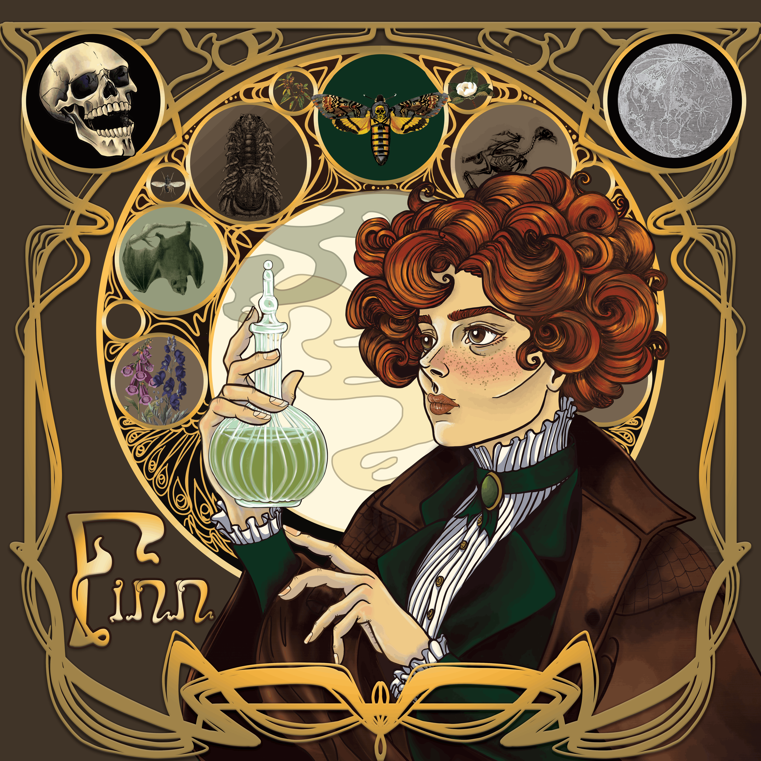 Character illustration for my upcoming book, of my scientist character, Findabhair. I took inspiration from the legendary Alphonse Mucha, and wanted to create a piece outside of my usual colour palette.