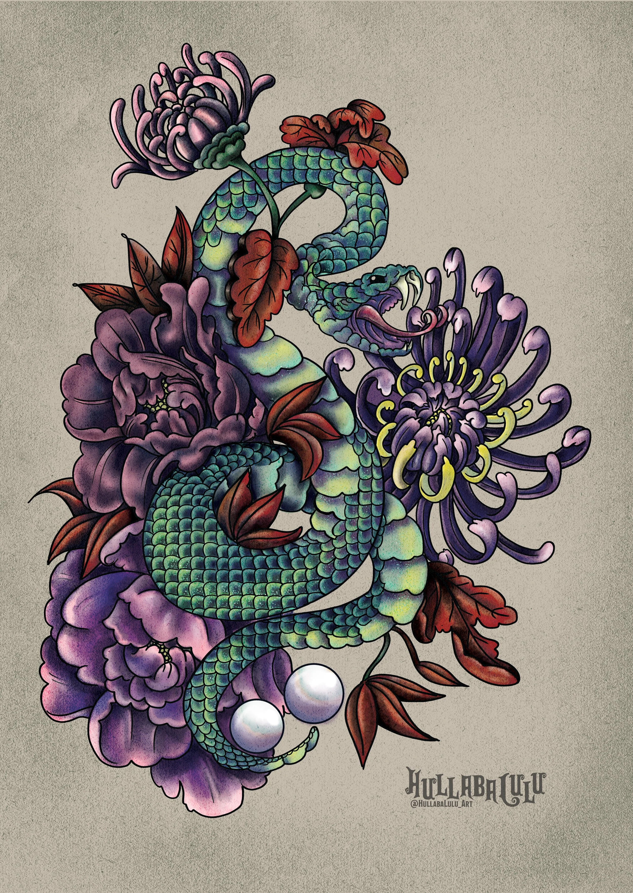 Japanese tattoo inspired print of a serpent nestled among chrysanthemums (representing longevity, grace and happiness) and peonies (representing wealth, prosperity, and good fortune). In Japanese tattooing, the snake symbolises rebirth and transforma