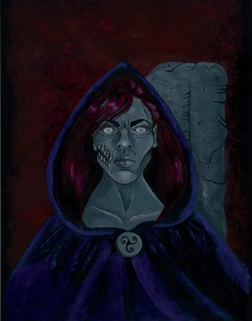 A piece created for Courtney Weber's book "The Morrigan: Celtic Goddess of Magick and Might". Depicting The Mórrígan in her death omen aspect, standing ominously before an Ogham engraved grave stone, her gaze penetrates the soul. Painted in acrylics 