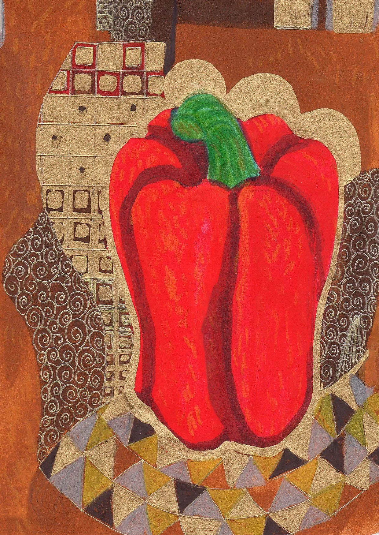 2012 - from my Illustration course in BCFE. This was a challenge to draw a fruit or vegetable in a different artistic style each time. This was in the style of Klimt.