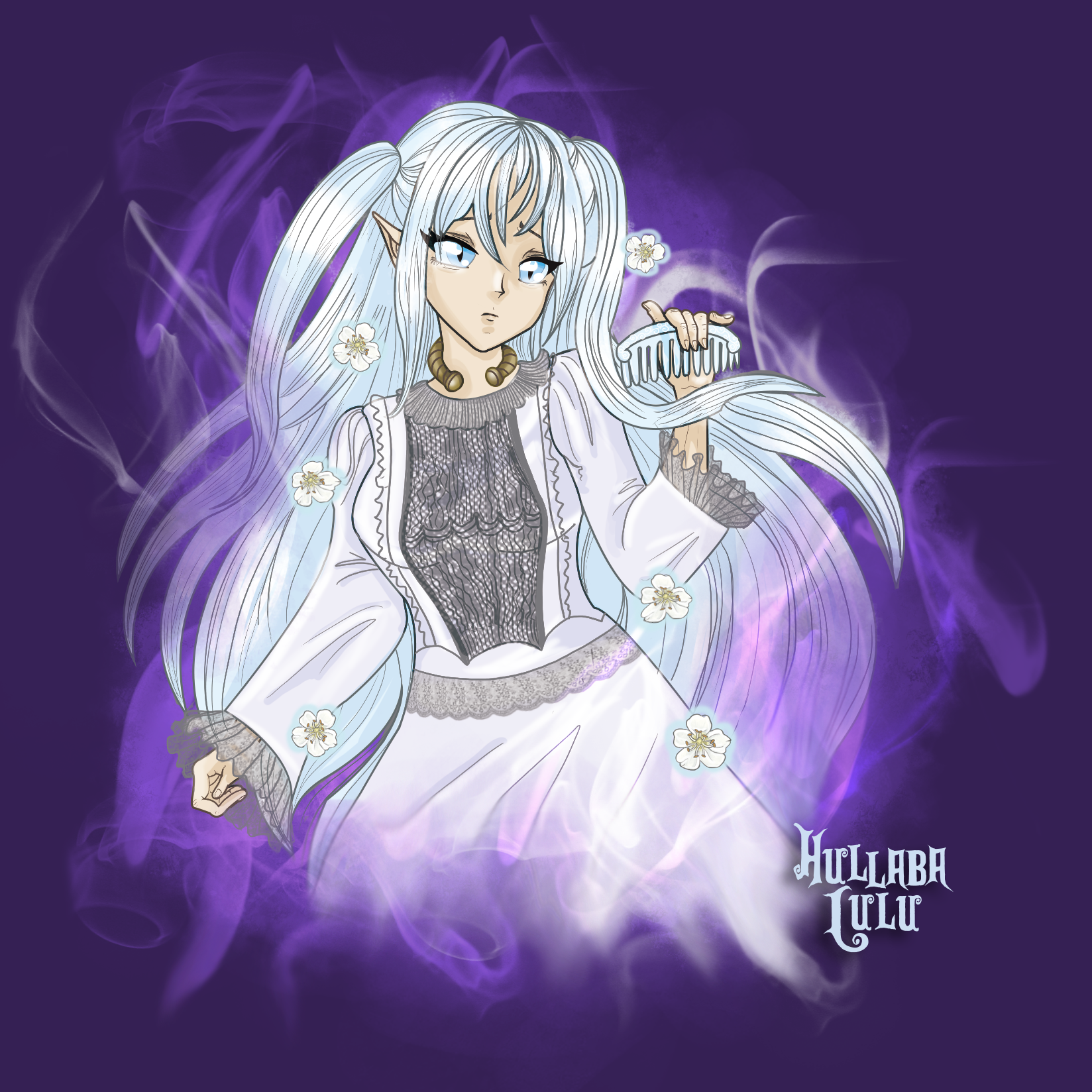 Anime inspired illustration of the bean sídhe (banshee) from Irish legend. Her dress is based on a 19th Century burial shroud. She is surrounded by hawthorne blossoms, said to be a symbol of death and the sídhe. She carries the traditional comb of le