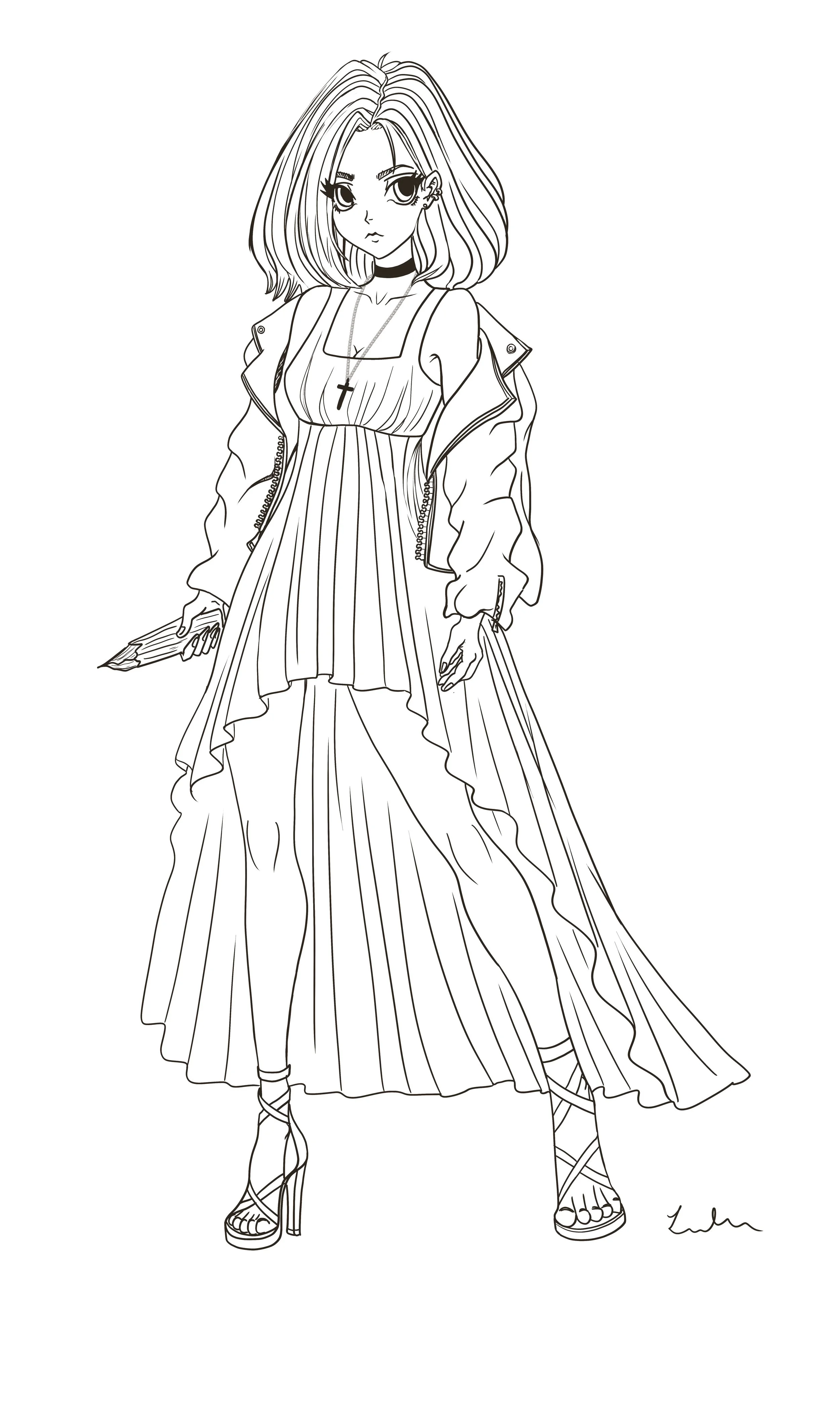 Anime style lineart of Buffy the Vampire Slayer