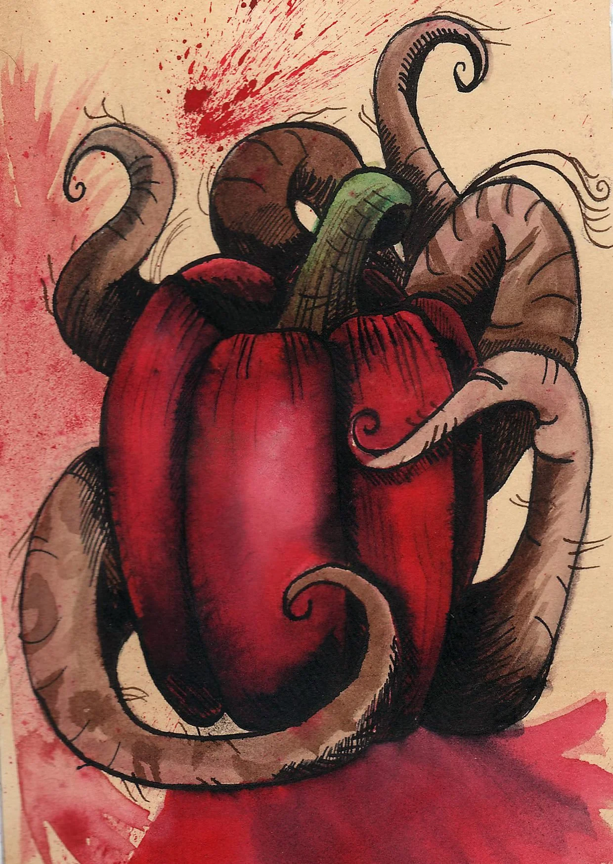 2012 - from my Illustration course in BCFE. This was a challenge to draw a fruit or vegetable in a different artistic style each time. This was in the style of the amazing Gris Grimly.