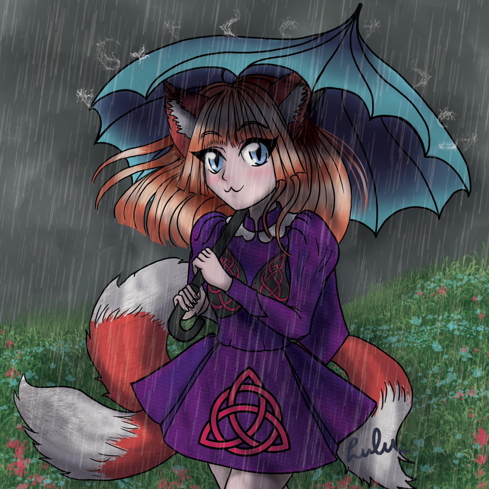 A piece I called "Irish Summer". After the Anime Evolution Dublin project didn't go ahead, I used the character I had created as the mascot to make this piece. She is a kitsune or fox girl, wearing a traditional style Irish dancing costume, dealing w