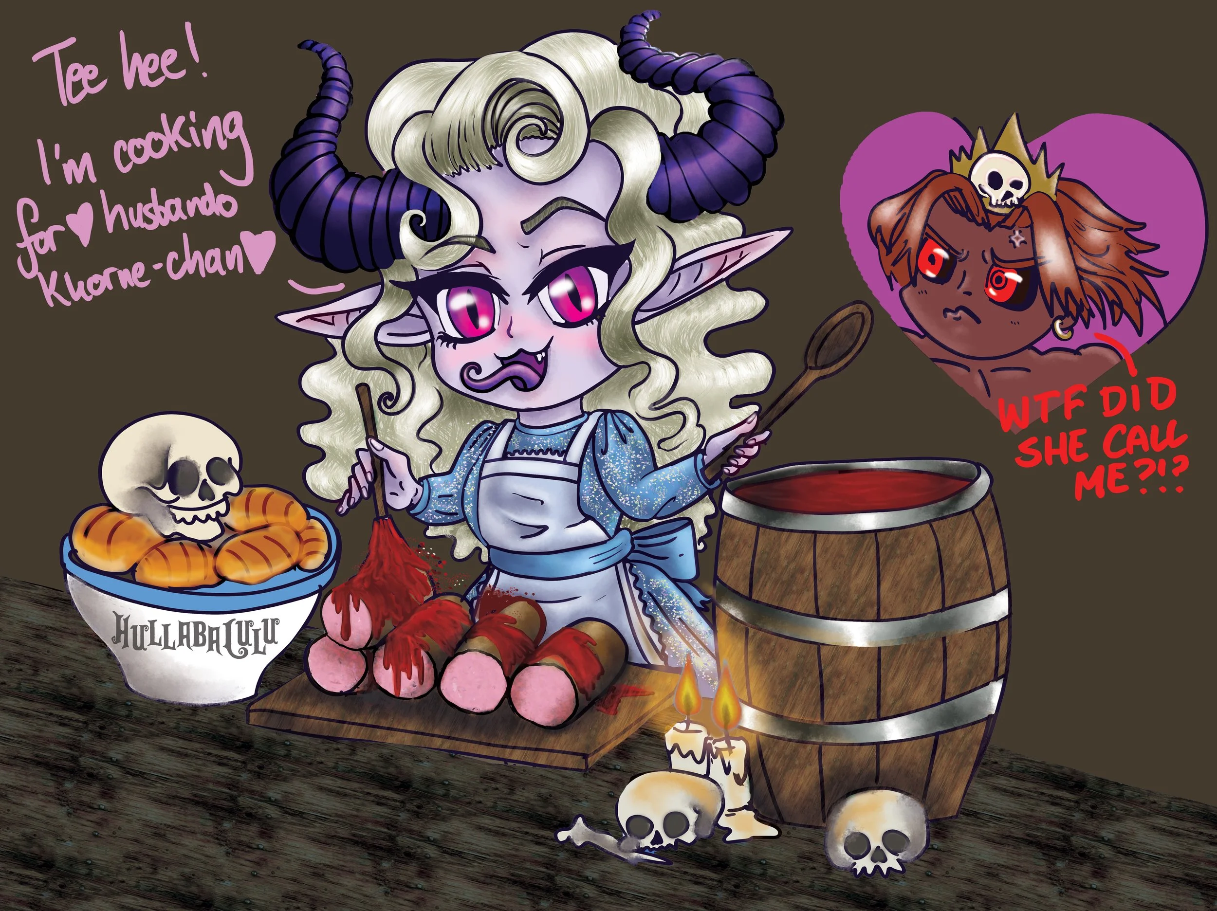 A truly cursed image. I tried to think of what the opposite of Slaanesh's typical depiction was, and decided it was "tradwife". So uh... here's tradwife Slaanesh and her husbando Khorne-chan. 