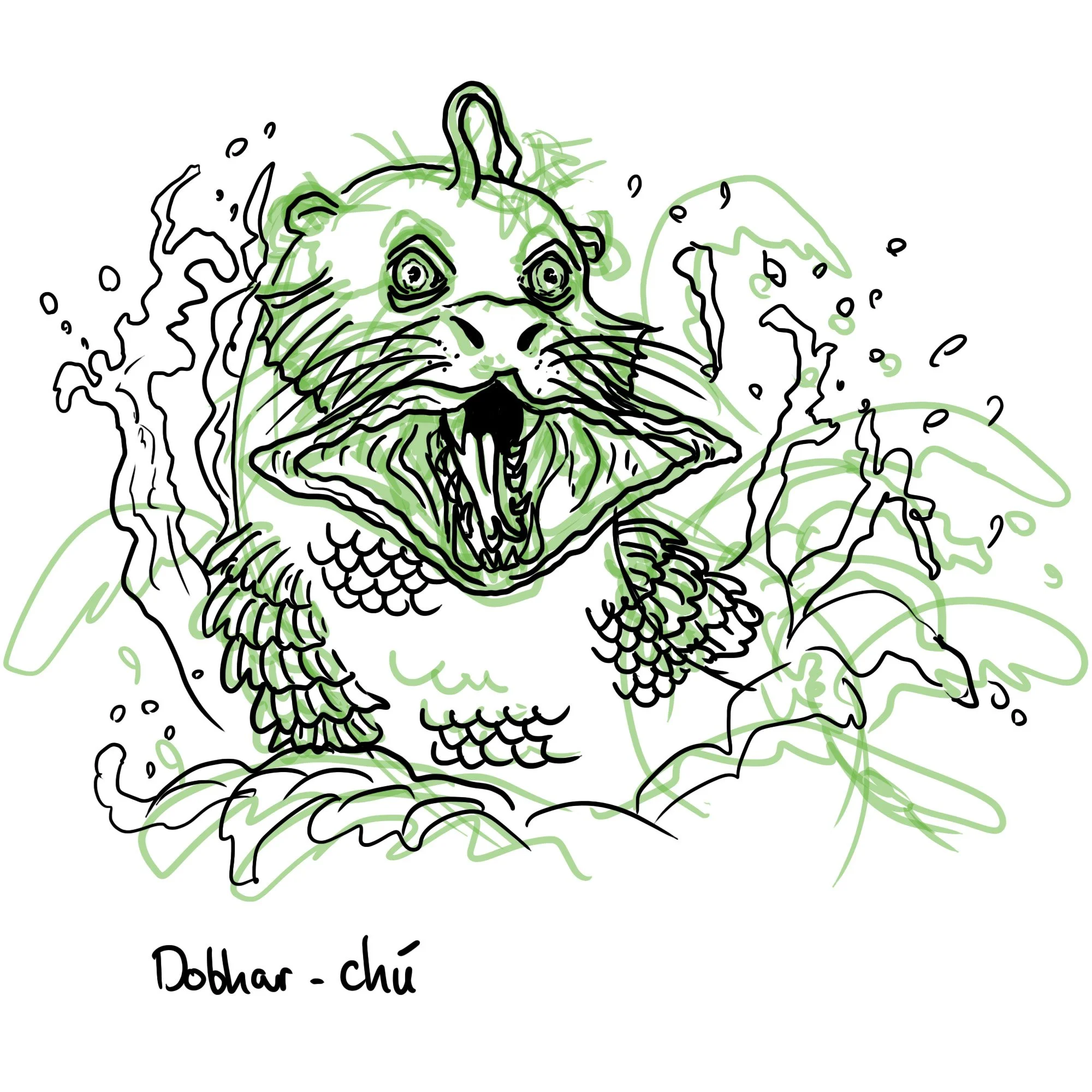 Concept sketch of the only mustelid I wouldn't want to take home - the dobhar-chú! It's said to be a giant river otter in Irish folklore that has um, violent tendencies. 