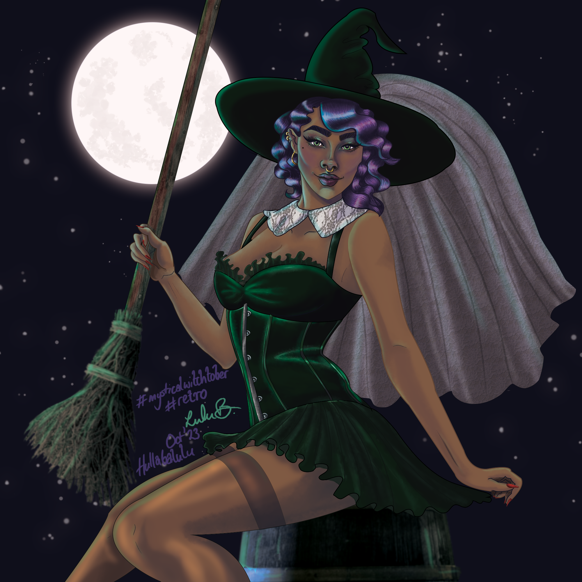 A digital illustration of a retro style witch, with purple Marcel wave hair, piercings, and stockings. She is flirty, playful and confident.