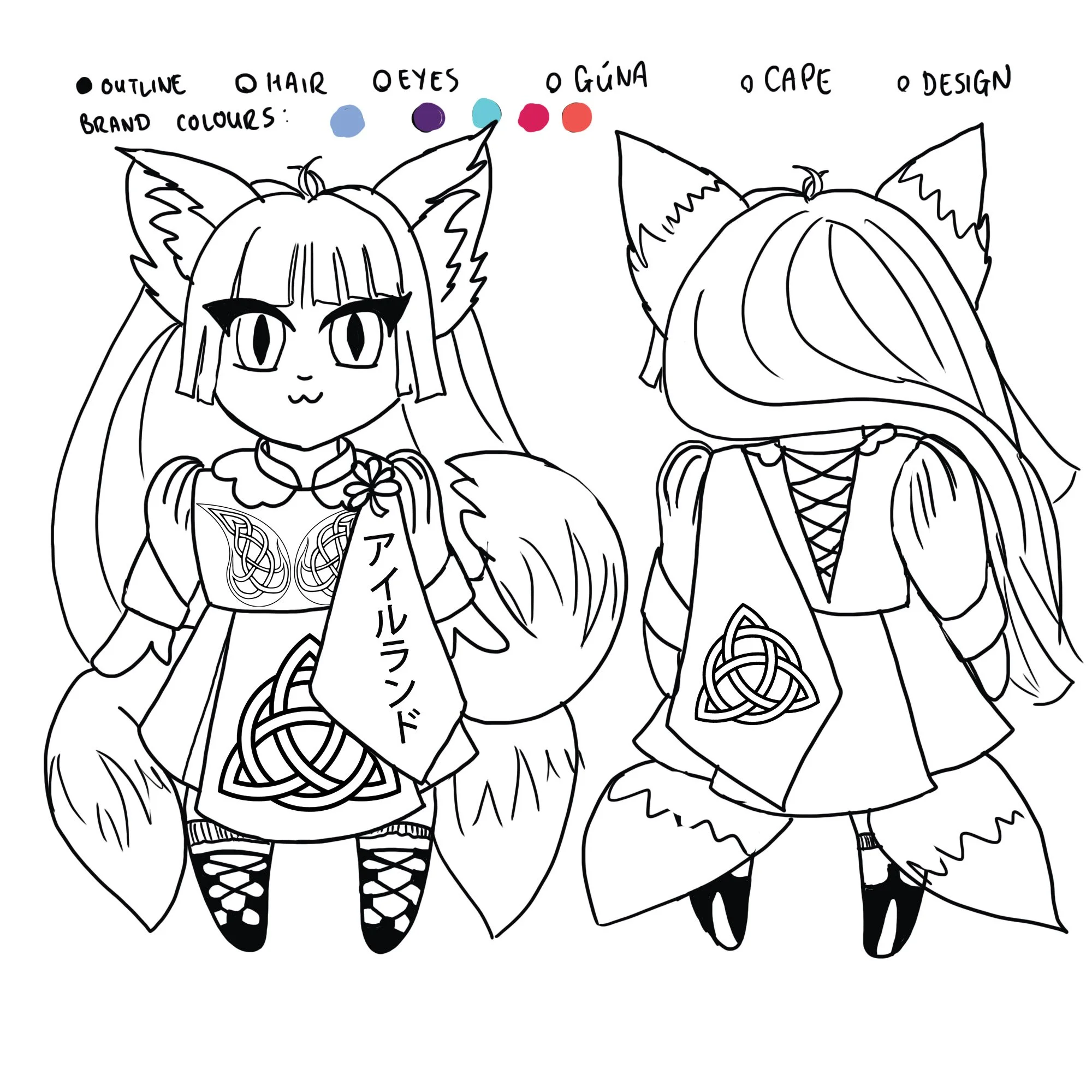 Final mascot design layout linework, with brand colour indications