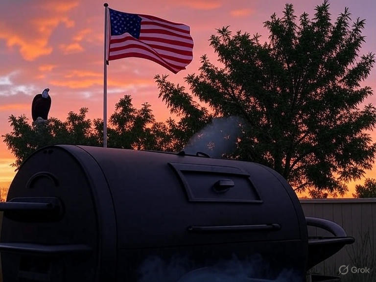 American flag waving in the wind at sunset, with a black smoker grill emitting smoke, a bald eagle perched on a tree, and a silhouette of trees in the background.