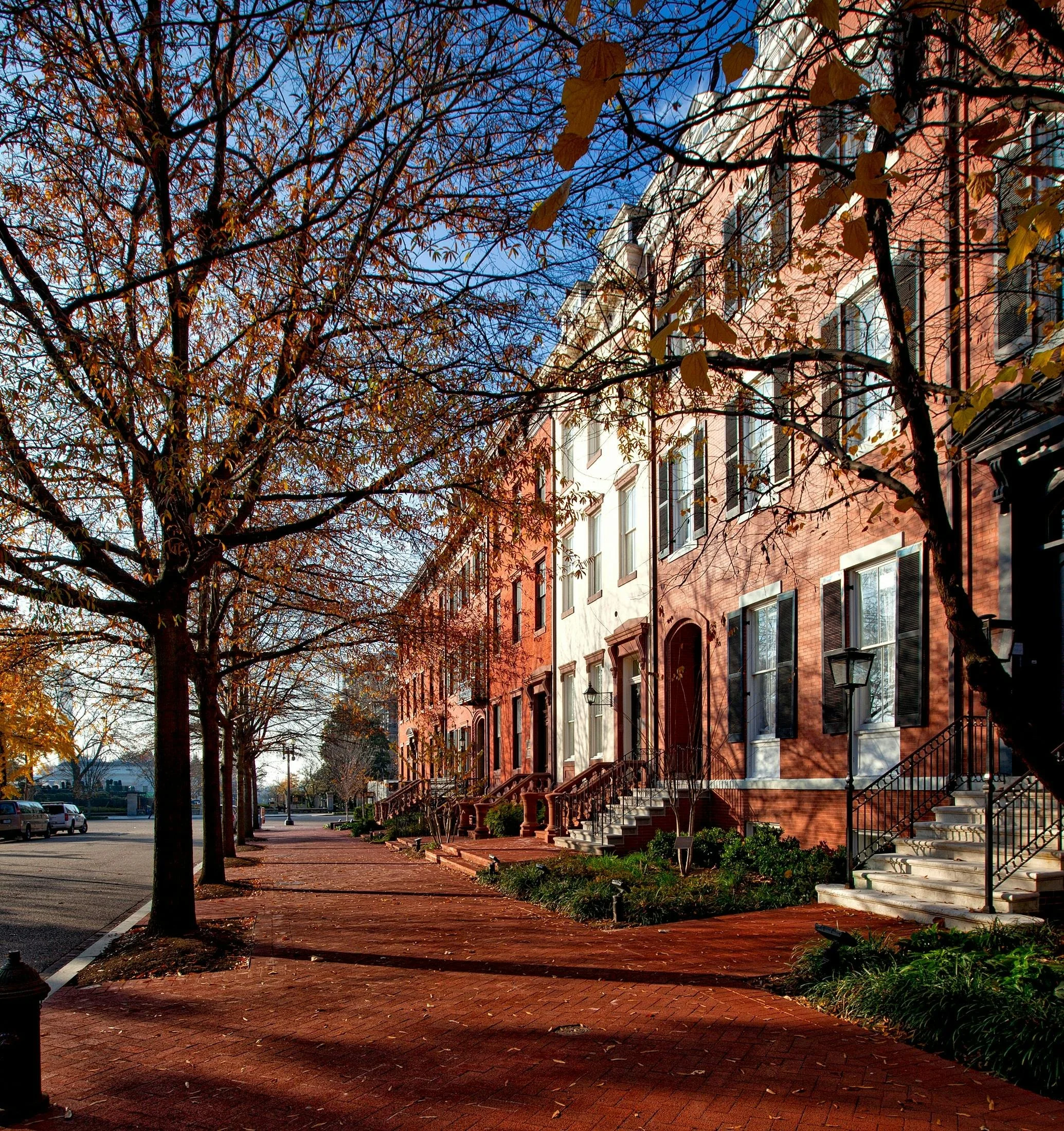 Street view of historic row houses with red brick facades, front steps, and black shutters, lined by leafless trees on a sunny autumn day.