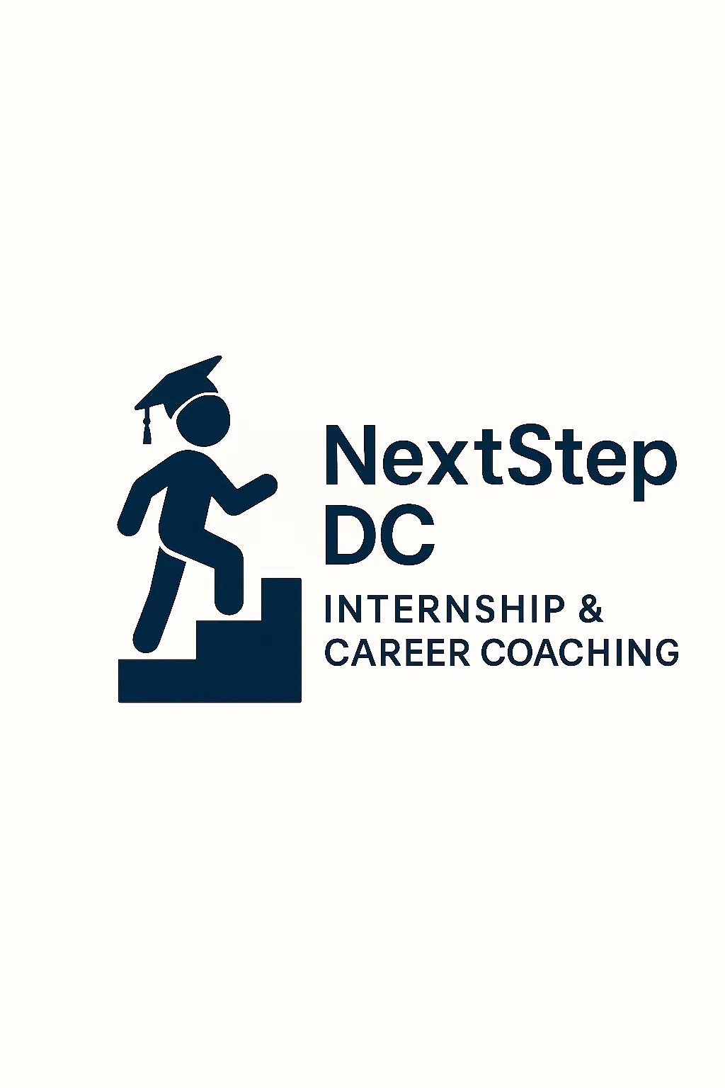 Logo for NextStep DC featuring a stylized figure wearing a graduation cap, ascending stairs, with text promoting internship and career coaching.