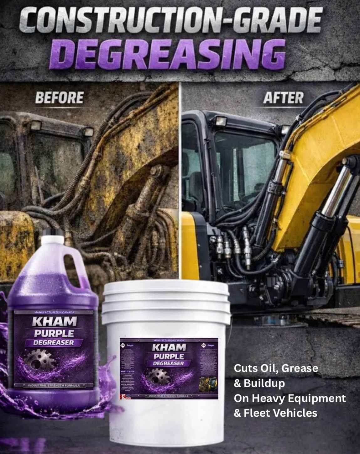 KHAM Purple Degreaser
Industrial-strength, all-purpose degreaser formulated to remove oil, grease, diesel residue, and heavy grime.

Designed for use on equipment, vehicles, tools, floors, and general surfaces.