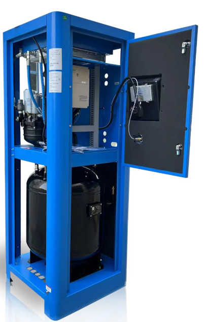 A blue vertical variable speed air compressor with tank