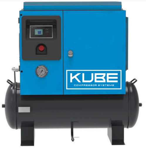 Blue and black KUBE compressor system with control panel, pressure gauge, and tanks.