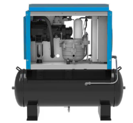 Industrial air compressor with a black horizontal tank and various internal components visible inside a blue frame.