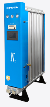 Blue industrial nitrogen generator with pressure gauges and control panel.