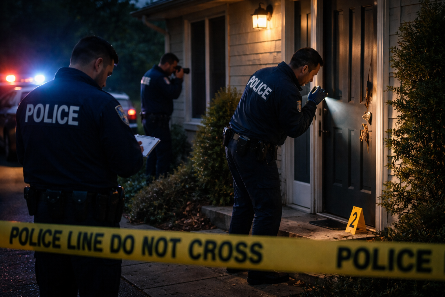 Law enforcement officers examining a home during a burglary investigation