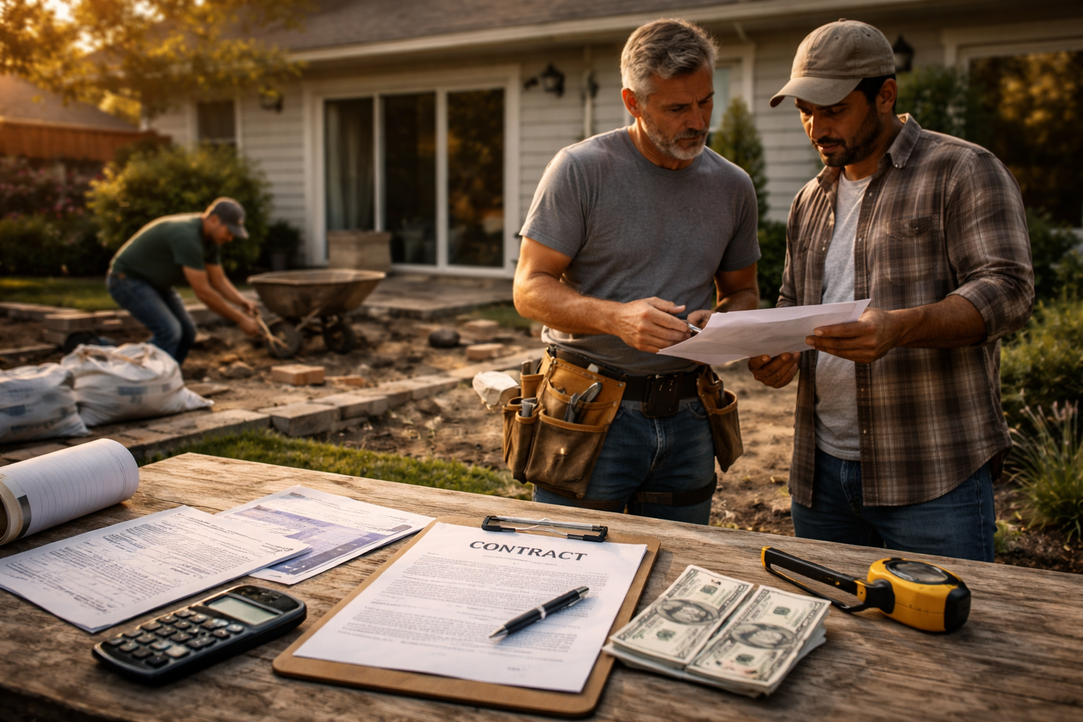 Contractors reviewing agreement in home project related to deceptive business practice case