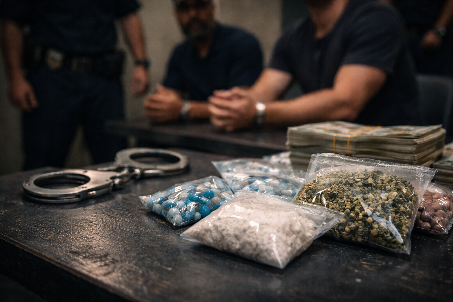 Seized drugs and cash displayed as evidence in drug possession case