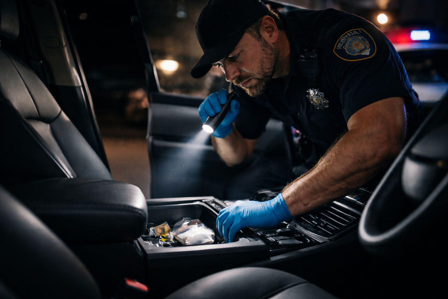 Police officer searching vehicle during drug possession investigation