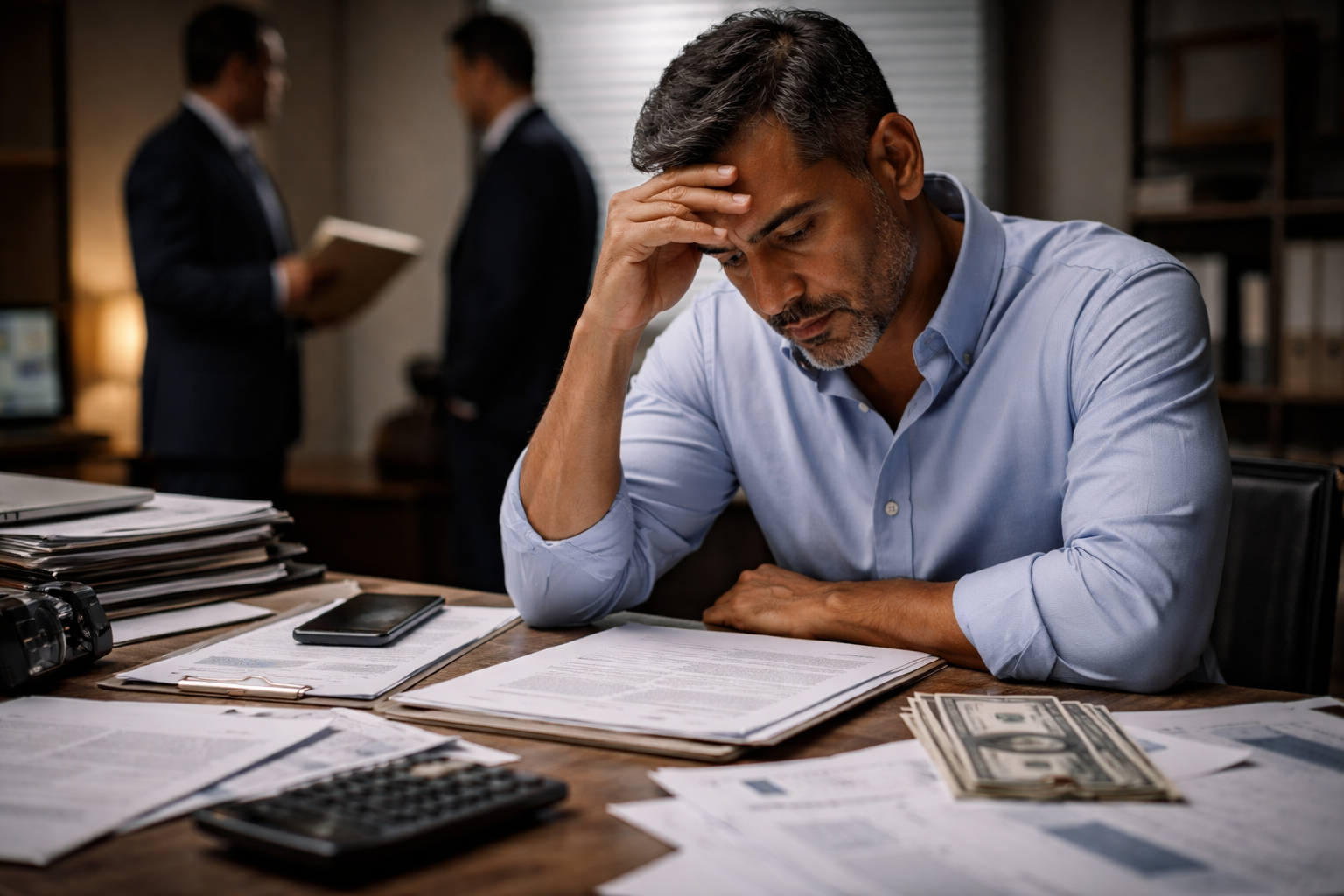 Man reviewing bills and financial documents after deceptive business practice