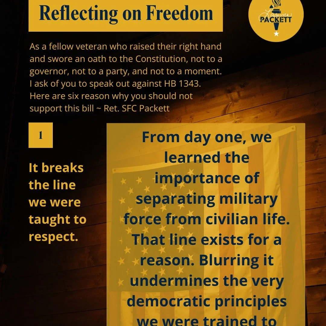Authorized by Friends of Packett For The People.

I&rsquo;m speaking to you as a fellow veteran who raised their right hand and swore an oath to the Constitution, not to a governor, not to a party, not to a moment.

Indiana HB 1343 should give every 