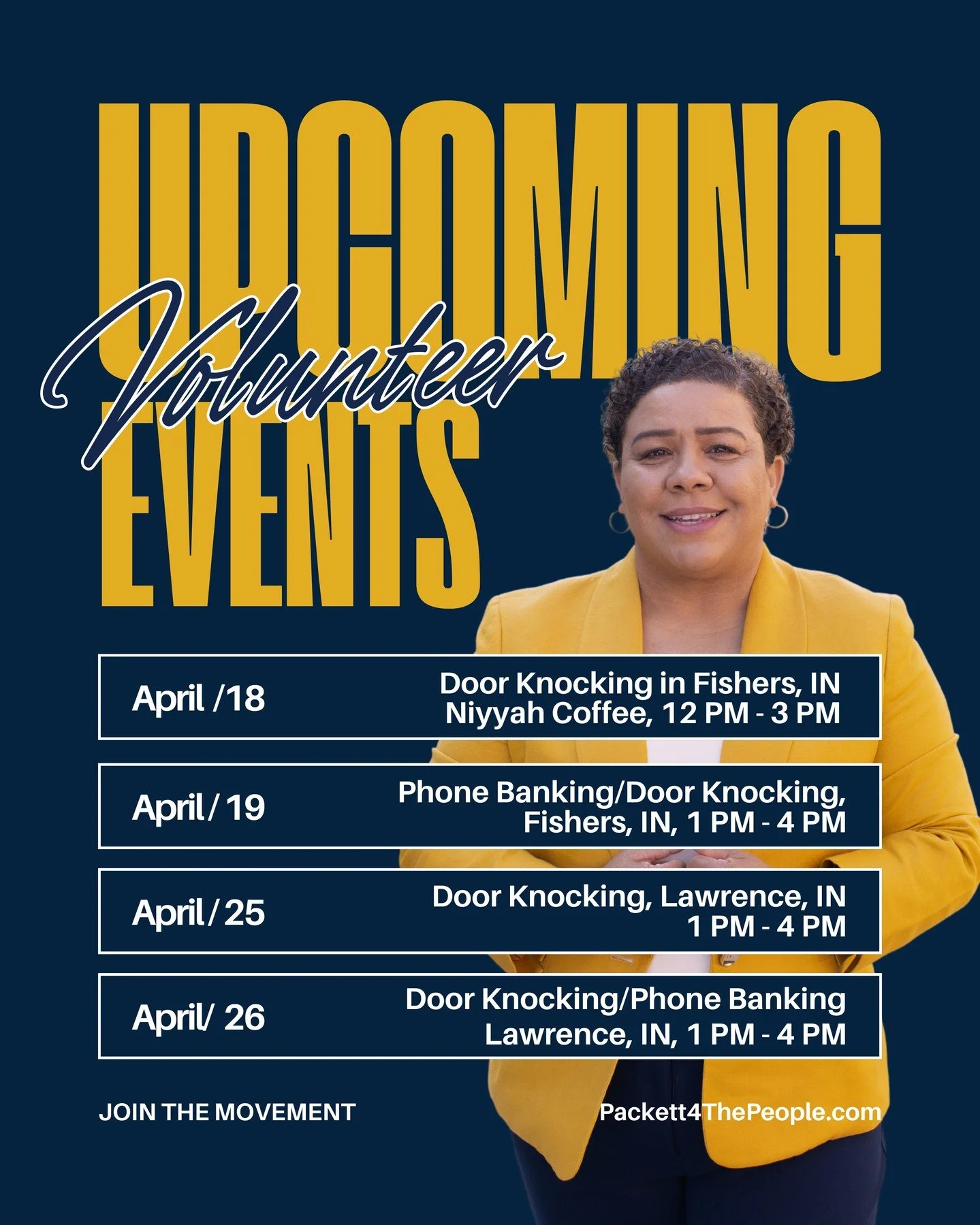 Upcoming volunteer opportunities&mdash;join us and make an impact! 🙌💙

📍 April 18 &ndash; Door Knocking in Fishers, IN @ Niyah Coffee | 12 PM &ndash; 3 PM (NEXT UP!)
📍 April 19 &ndash; Phone Banking/Door Knocking, Fishers, IN | 1 PM &ndash; 4 PM
