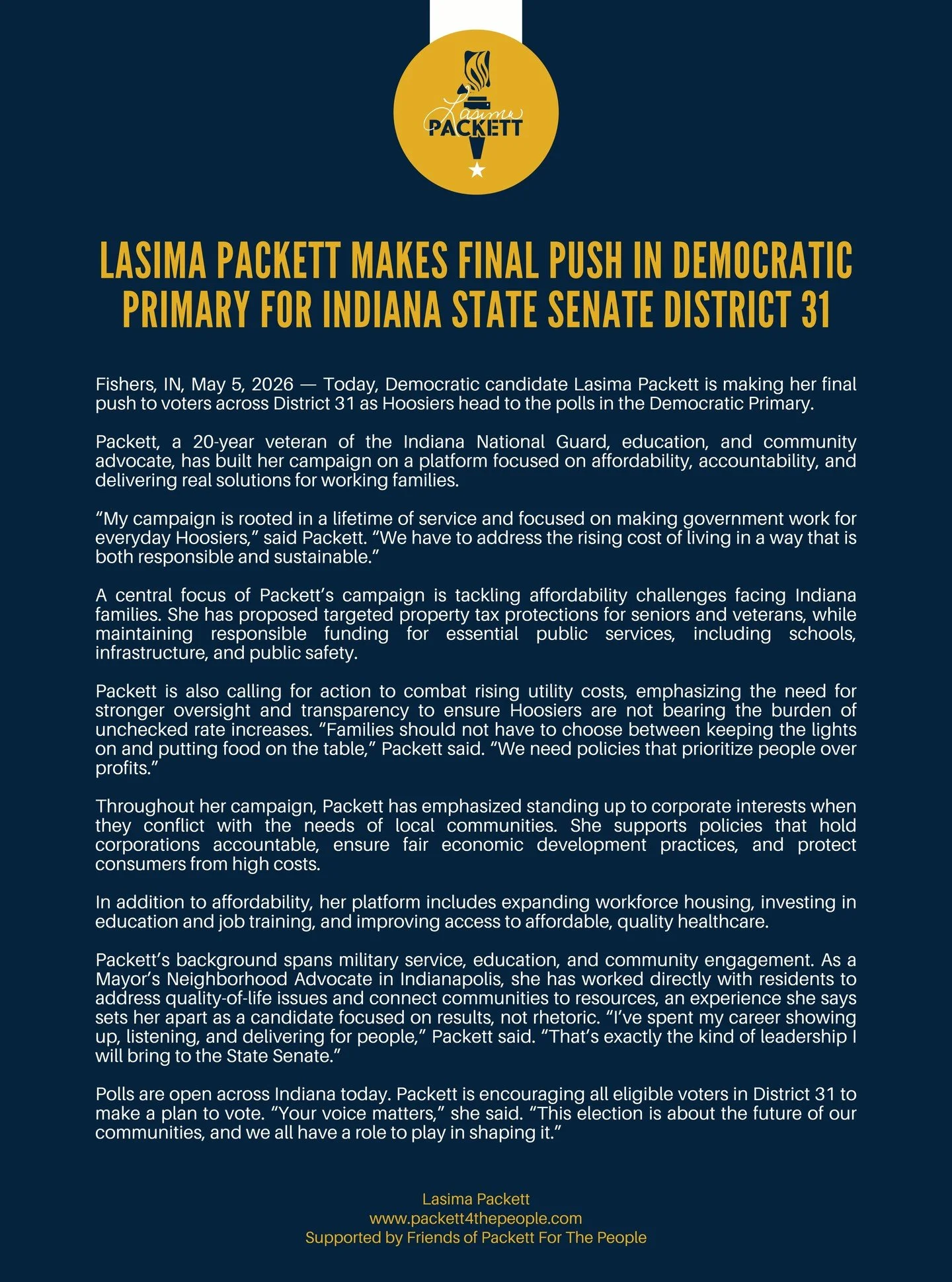 Final push. Final hours. Your vote matters. 🗳️

@lasimapackett is calling on District 31 voters to show up and make their voices heard in today&rsquo;s Democratic Primary. With a campaign rooted in service, accountability, and real solutions for wor