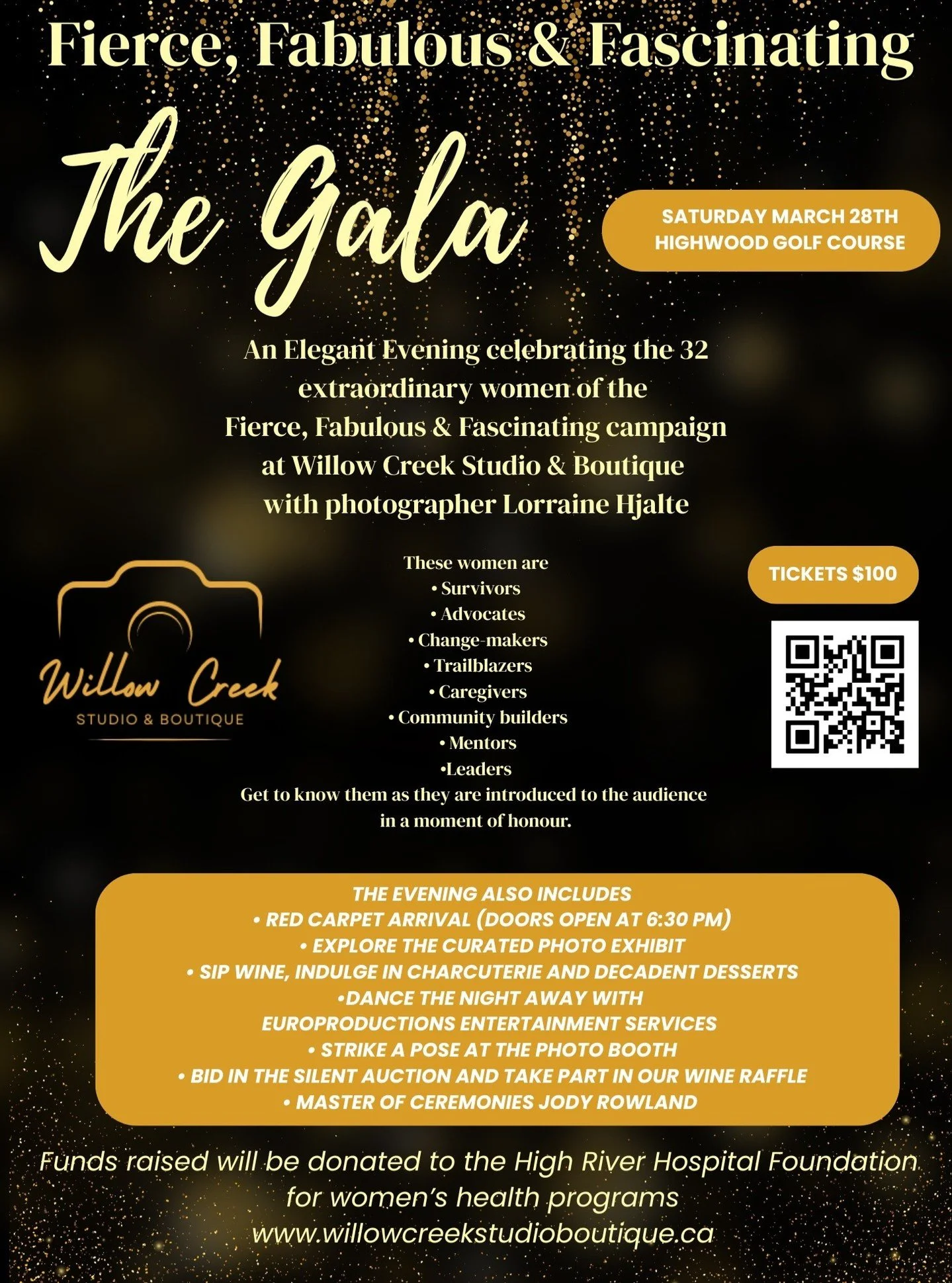 Don't forget to get your tickets! This is such a great night. We need silent auction donations, and there are a few sponsorships still available. DM me or call 403-601-1614, Use the QR code or go to my website at www.willowcreekstudioboutique.ca for 