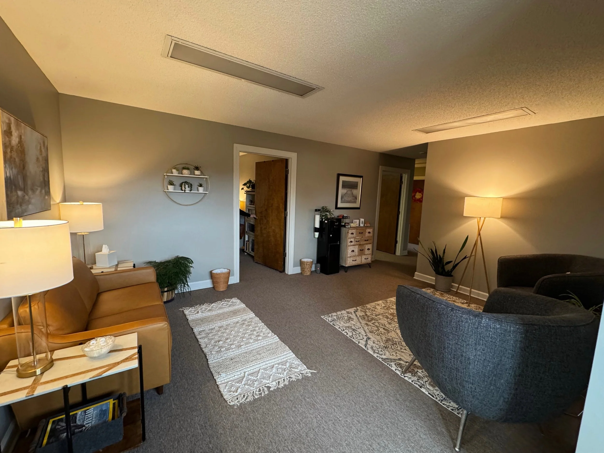 Living room with gray walls, beige carpet, a brown leather sofa, a blue armchair, multiple lamps, a small white rug, picture frames, a bookshelf, plants, and ceiling vents.