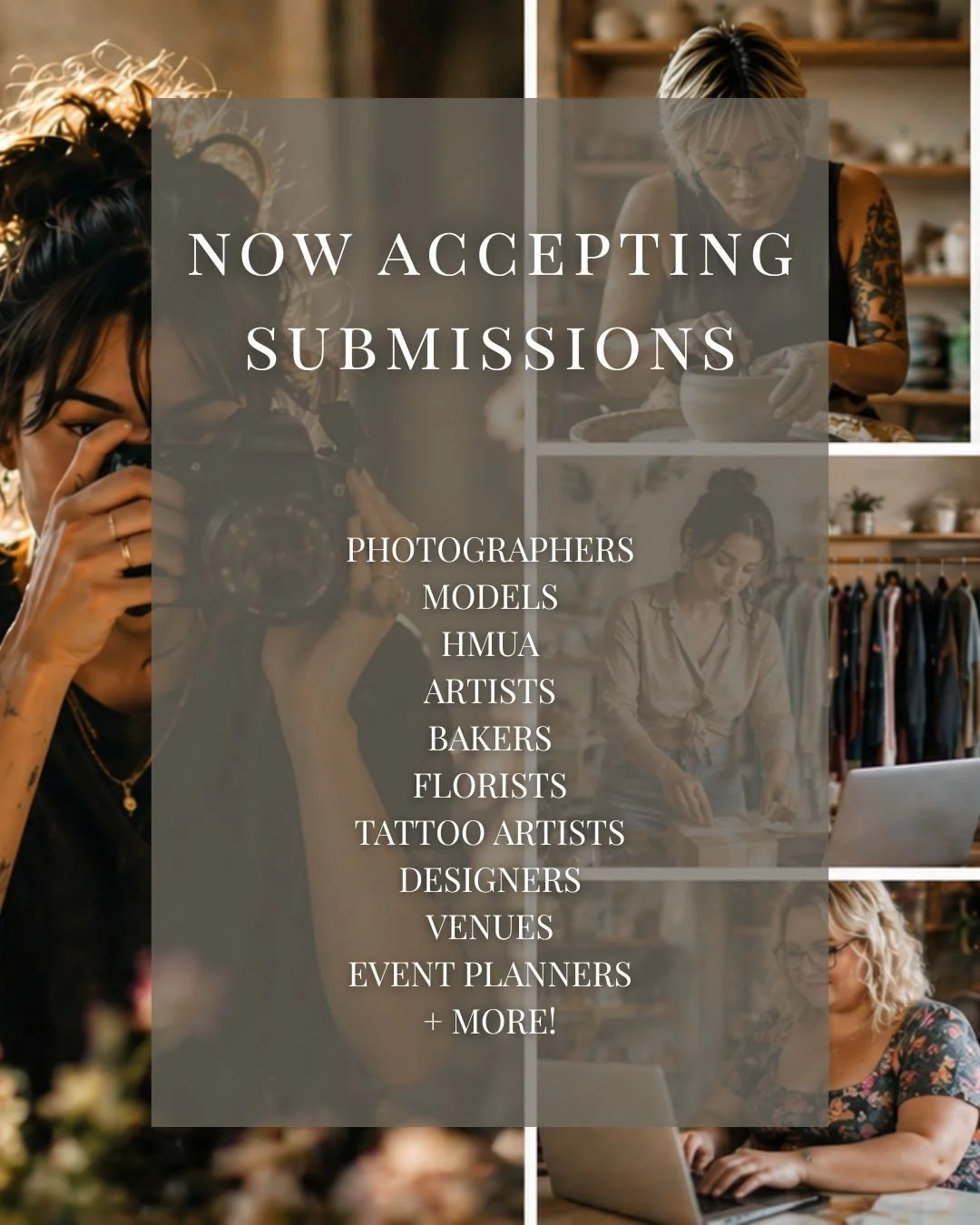 ✨ SUBMISSIONS ARE OPEN ✨

Photographers.
Models.
Artists.
Bakers.
Tattoo artists.
Designers.
Mothers building something in between it all.

If you are a woman creating something or building a business &mdash; this is for you.

We&rsquo;re now accepti