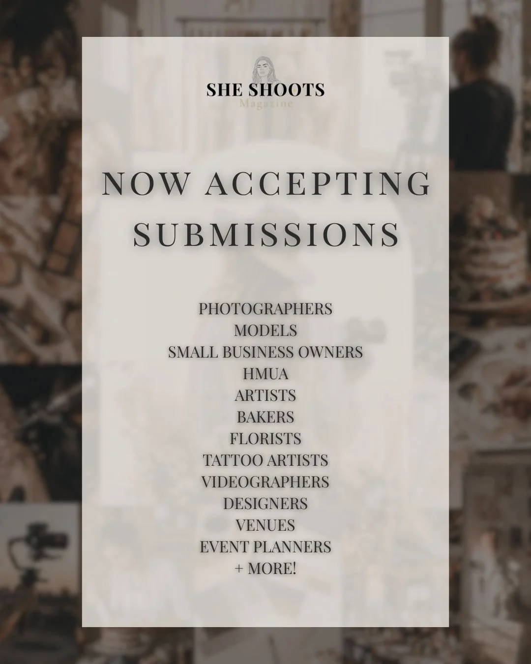 ✨ SUBMISSIONS ARE OPEN ✨

If you&rsquo;re a woman creating something or building a business &mdash; this is for you.

Photographers.
Models.
Artists.
Bakers.
Florists.
Venues.
Event Planners. 
Tattoo artists.
Designers.
Small business owners. 
Women 