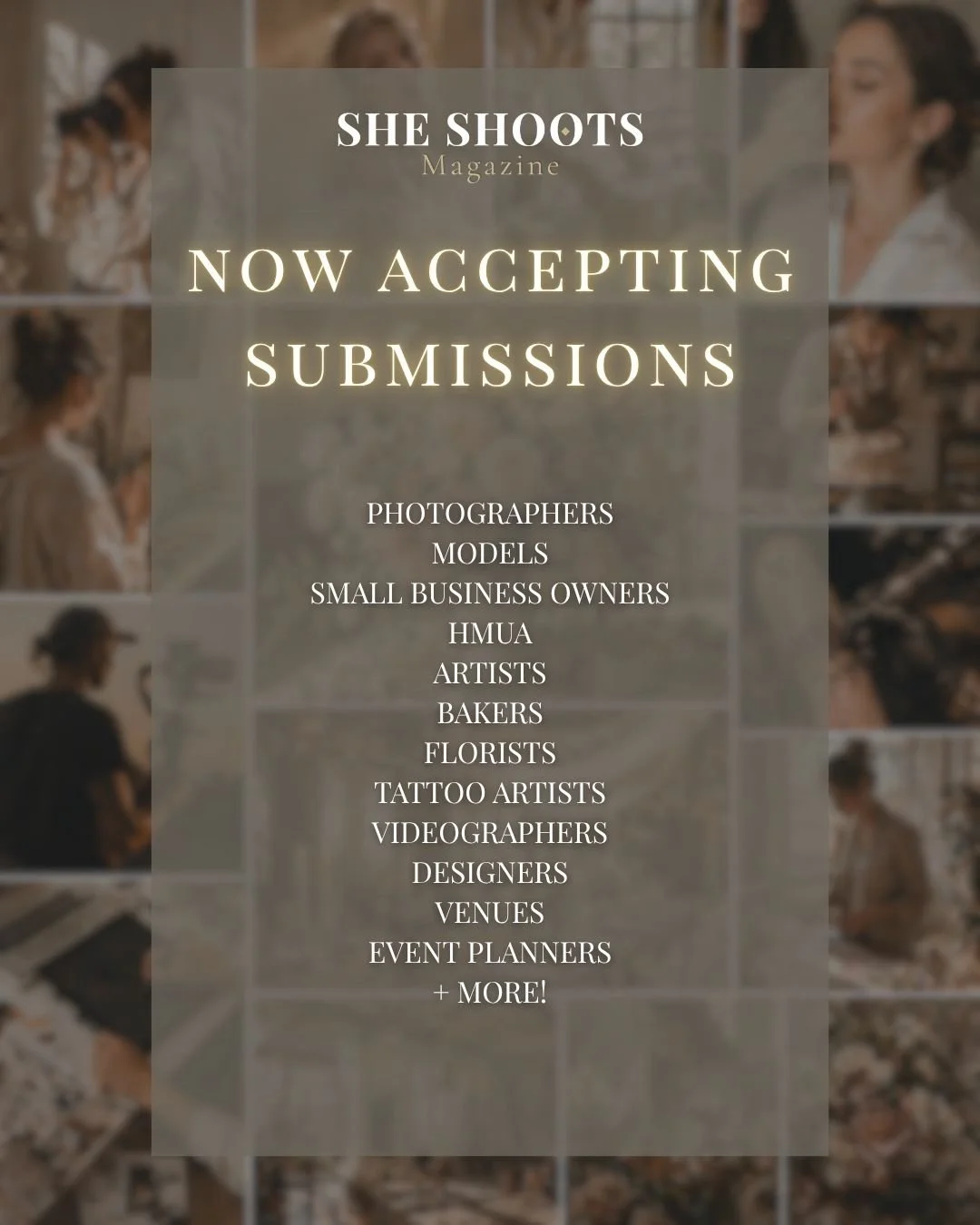✨ SUBMISSIONS ARE OPEN ✨

If you&rsquo;re a woman creating something or building a business &mdash; this is for you.

Photographers.
Models.
Artists.
Bakers.
Florists.
Venues.
Event Planners. 
Tattoo artists.
Designers.
Small business owners. 
Women 
