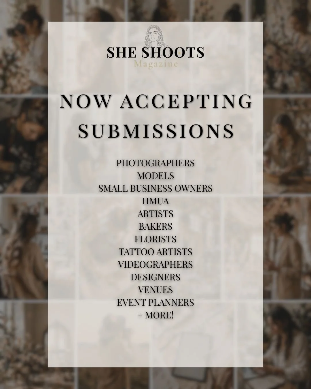 ✨ SUBMISSIONS ARE OPEN ✨

If you&rsquo;re a woman creating something or building a business &mdash; this is for you.

Photographers.
Models.
Artists.
Bakers.
Florists.
Venues.
Event Planners. 
Tattoo artists.
Designers.
Small business owners. 
Women 