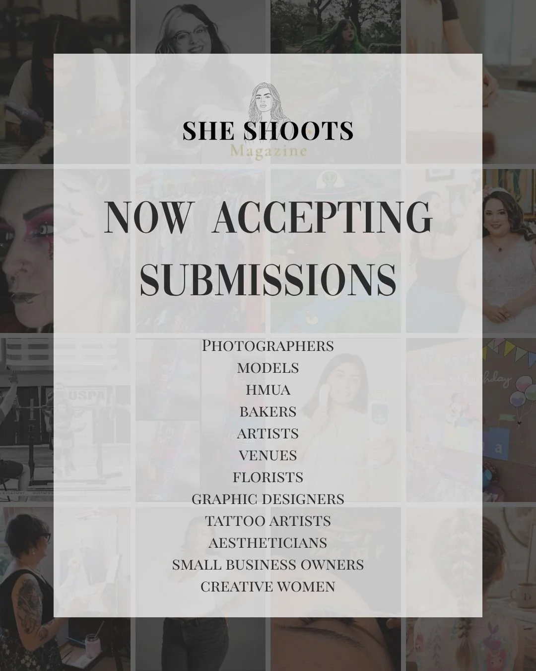 ✨SUBMISSIONS ARE OPEN ✨

If you&rsquo;re a woman creating something or building a business &mdash; this is for you.
Photographers.
Models.
Artists.
Bakers.
Florists.
Venues.
Event Planners.
Tattoo artists.
Designers.
Small business owners.
Women buil