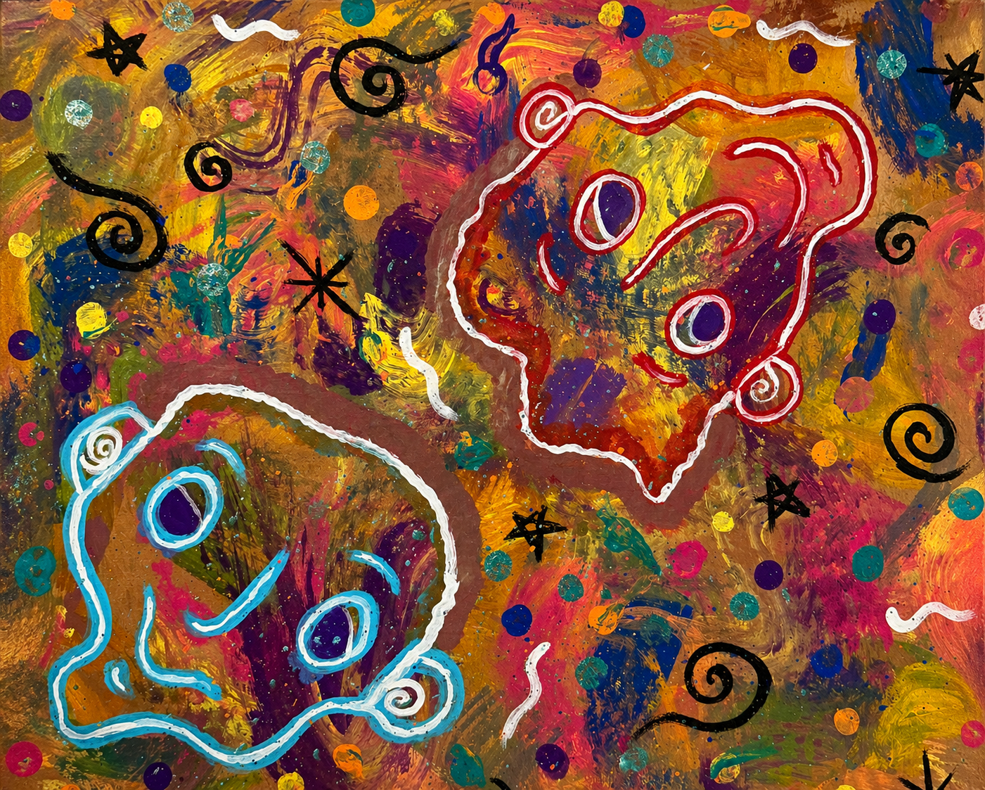 Abstract acrylic painting by Emily Williamson featuring colorful cosmic-inspired faces, swirling patterns, and expressive mixed-media textures.