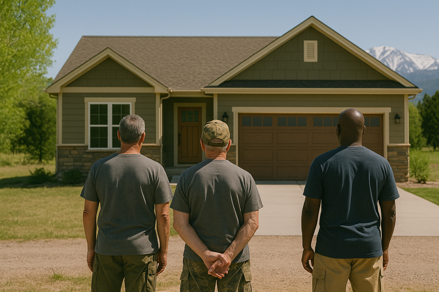 Three men stand in front of a house, facing away from the camera, with mountains in the background.
