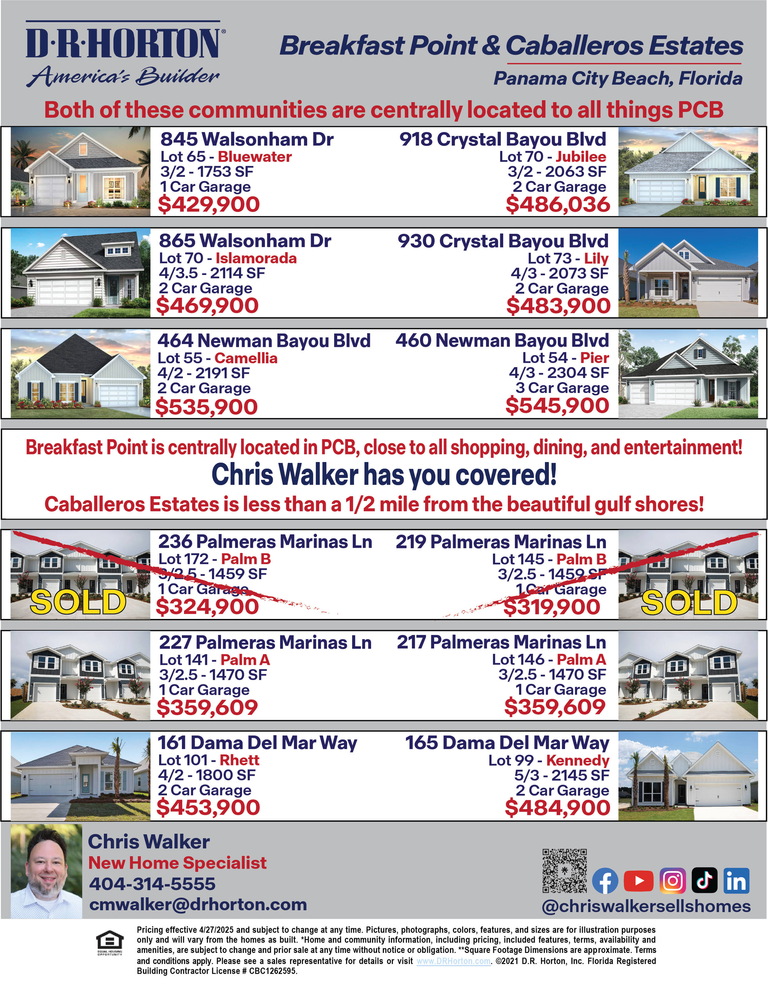 Real estate flyer for homes in Panama City Beach, Florida. It displays property listings with images, addresses, lot sizes, features, and prices. Also includes agent contact information and social media icons.